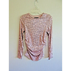 KAREN KANE Pink All Over Sequins Ruched Sides XS Long Sleeve Dressy Top NWT